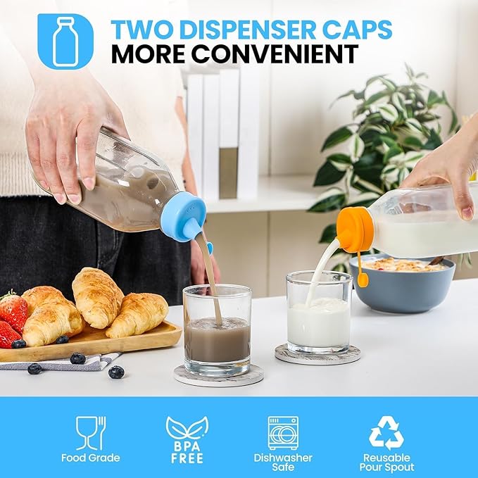 2 Pack 32 OZ Glass Milk Bottles with 2 Pour Spout Lids & 2 Nut Milk Bags & 2 Airtight Caps, Reusable Glass Bottles, Breast Milk Pitcher, Syrup, Honey, Water Jug, Juice Container for Refrigerator