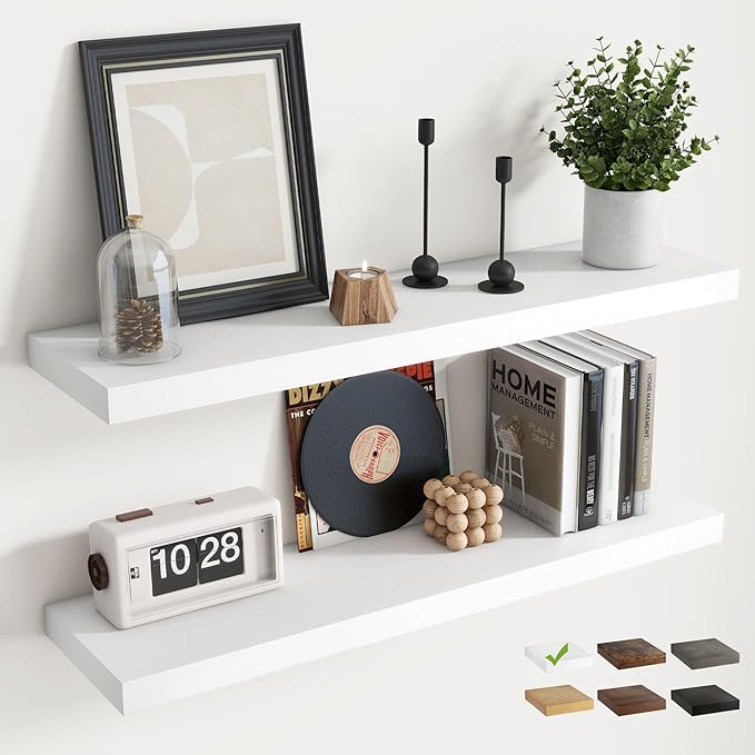 Floating Shelves for Wall with Invisible Brackets, Wall Mounted Engineered Wood Shelves with Wood Grain for Living Room, Bedroom, Bathroom, Kitchen Decor and Storage, Oak, 24"L Set of 2, White