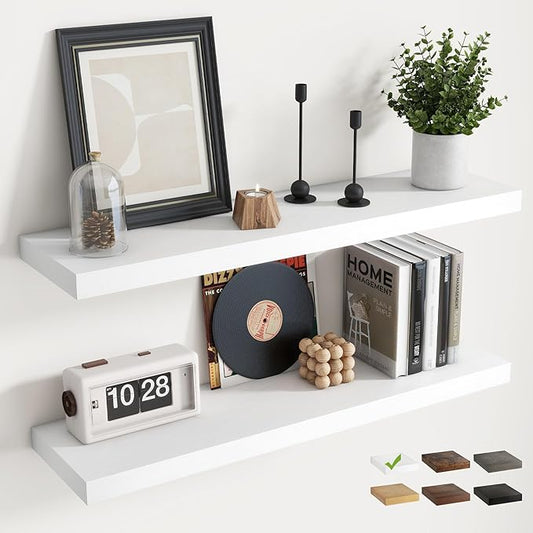 Floating Shelves for Wall with Invisible Brackets, Wall Mounted Engineered Wood Shelves with Wood Grain for Living Room, Bedroom, Bathroom, Kitchen Decor and Storage, Oak, 24"L Set of 2, White