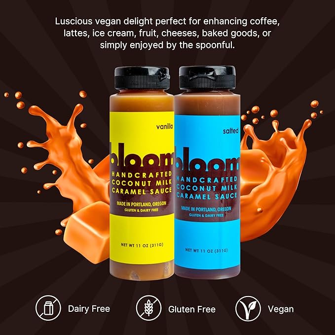 Bloom Caramel Sampler - Salted & Vanilla Coconut Caramel Sauces - Vegan, Dairy-Free Dessert Topping, Perfect for Coffee, Ice Cream, and Baking – 22 oz
