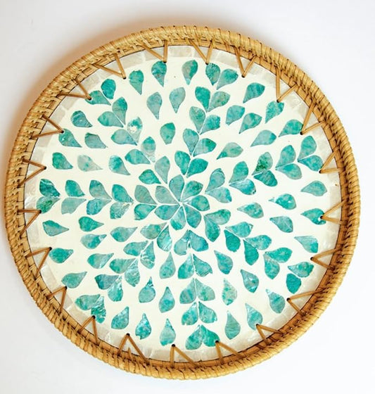 Round Rattan Serving Tray with Mother of Pearl Inlay, Wicker Coffee Table Decor, Farmhouse Style (Teal Tan Flower)