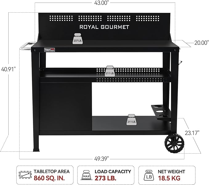 Royal Gourmet PC4401B 3-Tier Dining Cart with Wind Guard, Sturdy Structure and Ample Storage Shelves, for Indoor & Outdoor use，with Bottle Opener, Hooks, Wine Rack, Multifunctional Side Handle, Black