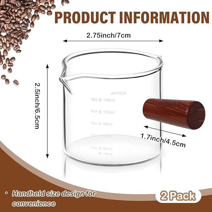Zubebe 2 Pack 150 Ml/ 5 oz Double Spouts Espresso Shot Glasses with Wood Handle Measuring Triple Pitcher Milk Cup Clear Espresso Measuring Cup Glass for Barista Coffee Measure