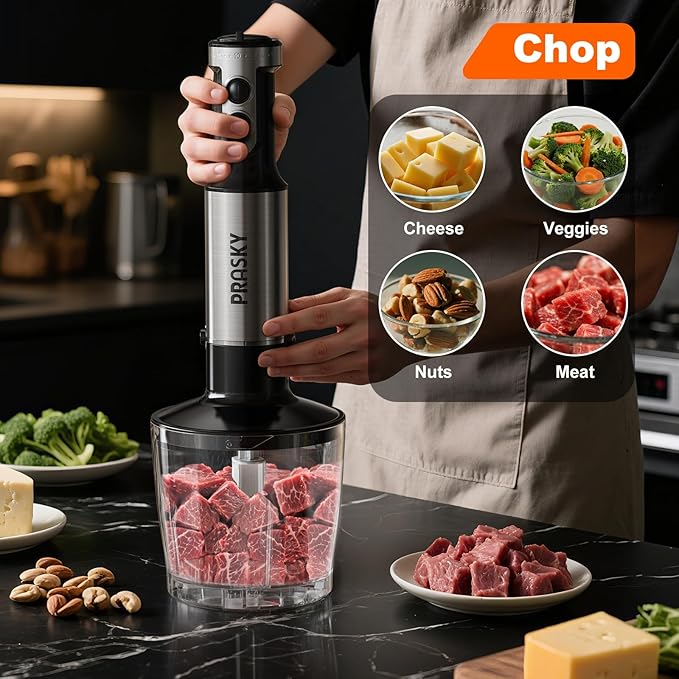 Immersion Blender Handheld Hand Blenders, 20 Speed & Turbo Mode Hand Held Blender, Heaviest Duty Copper Motor, Stainless Steel Blades, Milk Frother Wand, Whisk, 600ml Beaker, 500ml Chopper (Silver)