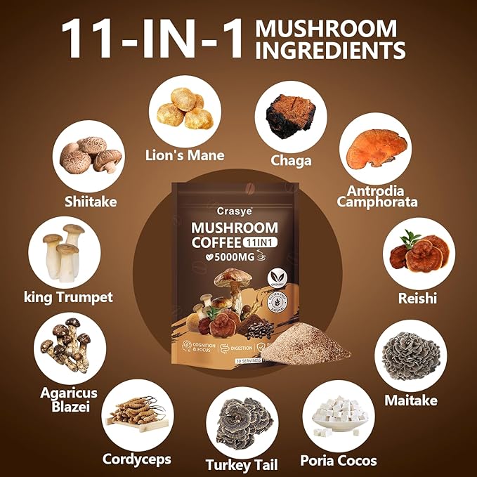 Organic Low Caffeine Mushroom Coffee 11 Superfood Instant Mushrooms Coffee with Ashwagandha, Shilajit, Lion's Mane, Reishi, Chaga & Collagen Arabica Coffe Powder Ground for Focus, Energy, Digestion and Immunity 30 Servings Cafe De Hongos