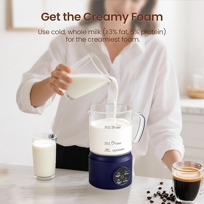 4-in-1 Milk Frother, Electric Milk Frother and Steamer with LED Touch Screen, Non-stick Bottom, Milk Warmer 13.52oz for Lattes, Cappuccinos, and Macchiatos at Home (Navy blue)