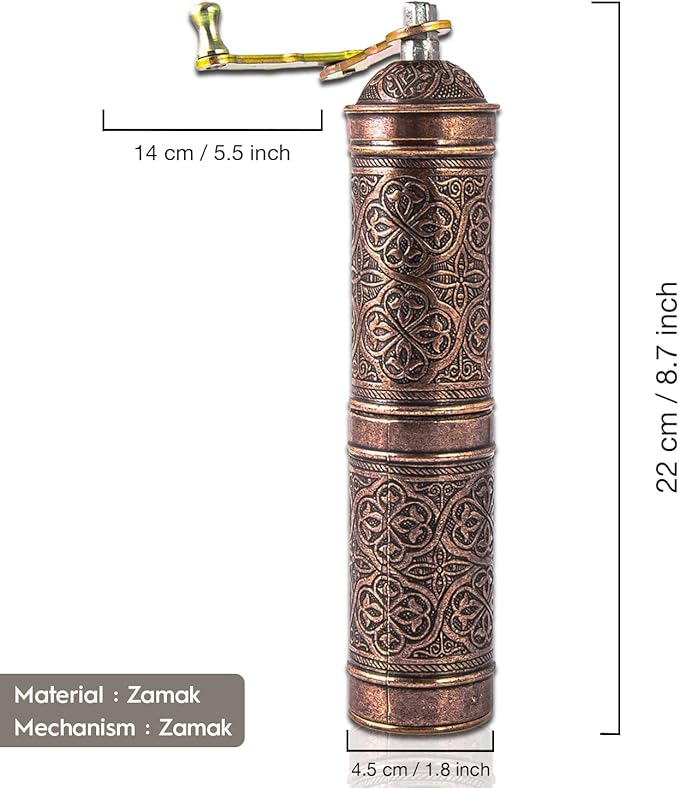 Handmade Turkish Pepper & Coffee Grinder, Refillable Turkish Spice Mill with Adjustable Coarseness, Manual Coffee Mill with Handle, Coffee Grinder Metal with Hand Crank 22 cm-8.66 inch (Bronz)