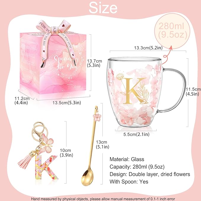 Personalized Gifts for Women Double Wall Flower Glass Coffee Mug Tea cup With Spoon Monogrammed Customized Gifts Birthday Christmas Valentine Mother's Day Gift for Mom Her Wife Friends Bride Sister(K)