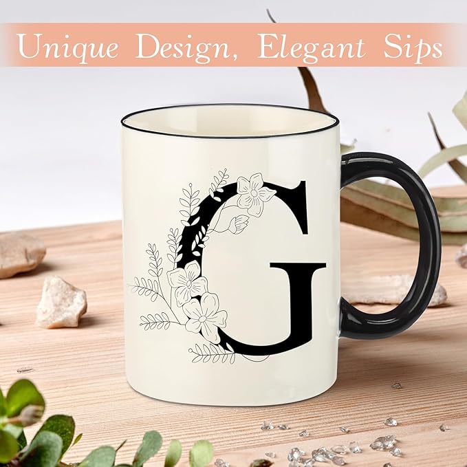 Monogram Ceramic Coffee Mugs, 11 oz Initial Drinking Cup with Gift Box, Unique Birthday Valentines Day Gifts for Women Wife Mothers Day Grandma Mom Aunt, G