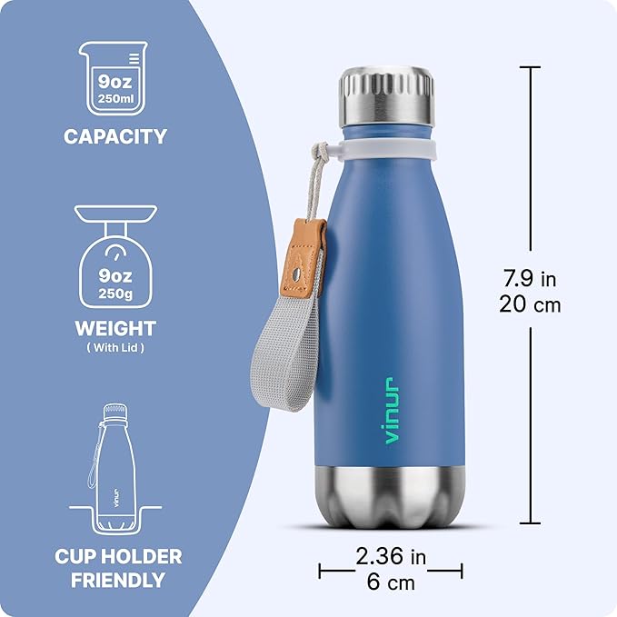 VINUR 9 oz Small Water Bottle for Kids-Stainless Steel Vacuum Insulated Water Bottle for School-Cola Shape Leak Proof Flask with Carry Rope, Royal Blue