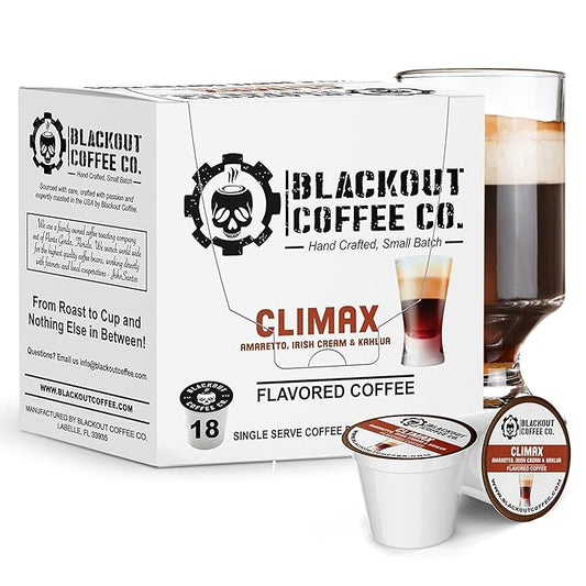 Blackout Coffee CLIMAX Amaretto, Irish Cream & Kahlua Flavored Coffee Pods – Premium Arabica, Smooth Taste, Guilt-Free Indulgence – 18 Count Single Serve Coffee pods
