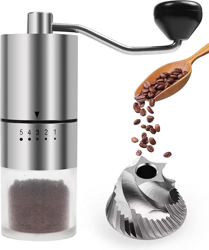 Stainless steel Burr Manual Coffee Grinder for Drip,French Press,5 Adjustable Settings,Hand Coffee Grinder,For Home Use and Camping,Coffee Bean Grinders With Hand Crank (Stainless steel Burr-Slivery)