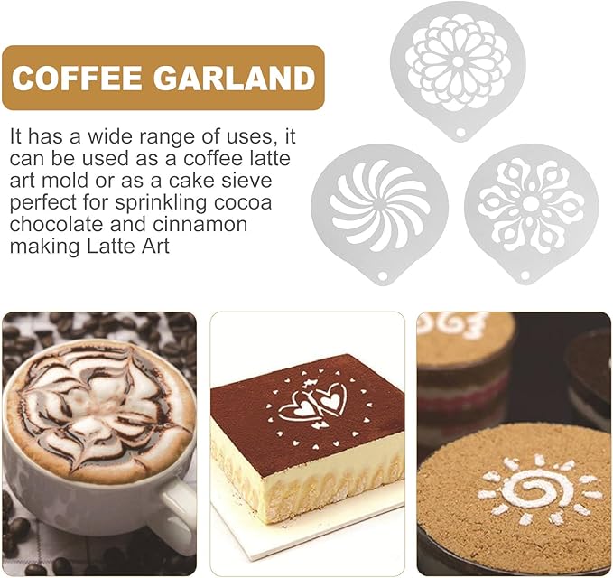 3Pcs Stainless Steel Coffee Stencils for Latte Art Milk Spray Template Cappuccino Art DIY Portable Coffee Decorating Tools for Cakes Cookies Hot Chocolate