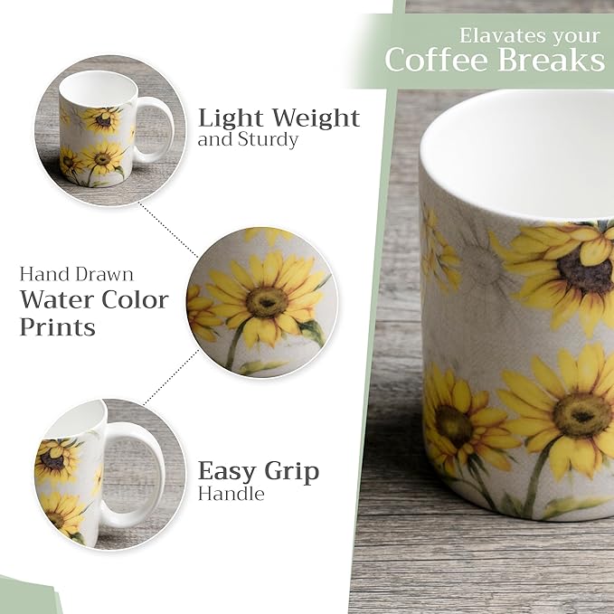 Maison d' Hermine Coffee Mug with Handles Fine Bone China Mugs Pack of One Tea Cups for Hot Beverages Cappuccino Latte Home Restaurant Office Perfect for Gift (Candice - Tournesol, 12 Ounce)