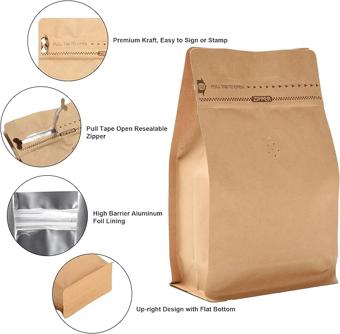 Resealable Side Zipper Coffee Bags with Degassing Valve, High Barrier Natural Kraft Coffee Pouches with Aluminum Foil Liner, Ziplock Food Storage Bags, Longer Shelf Life (50, 8oz/0.5lb)