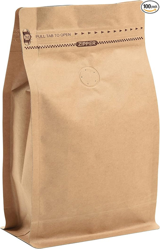100 Count 0.25 lb Kraft Paper Coffee Bags - High Barrier Kraft & Foil Liner - Flat Bottom Coffee Pouches with Degassing Valve, Food Storage Bags with Rsealable Zipper & Easy Open Tape (100pcs,
