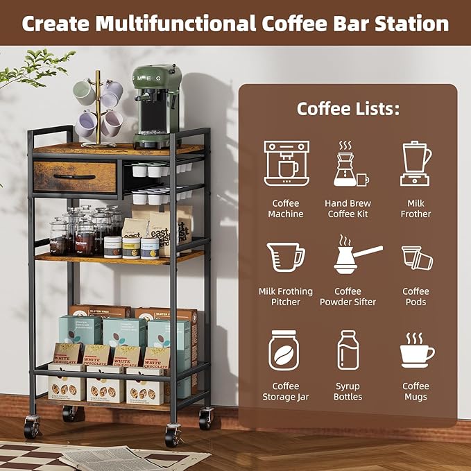 Housolution 4-Tier Coffee Bar Cart with Storage, 33" H Coffee Station Cabinet with Pod Drawers for Nespresso Vertuo, Mini Toaster Oven Stand Table for Home, Kitchen, Living Room (Rustic Brown)