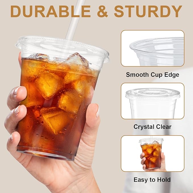 Clawsoff 16 oz 50 Pack Plastic Cups with Lids and Straws, Sturdy Food Safe Iced Clear Coffee Cups Disposable Smoothie Cups for Cold Drinks