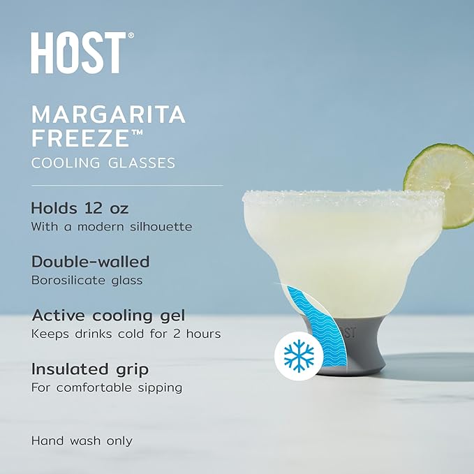 Host Glass Freeze Stemless Margarita Glasses Drinking Set, Insulated Cocktail Glass Set with Silicone Band, 12oz Margarita Glasses Set of 2 in Gray