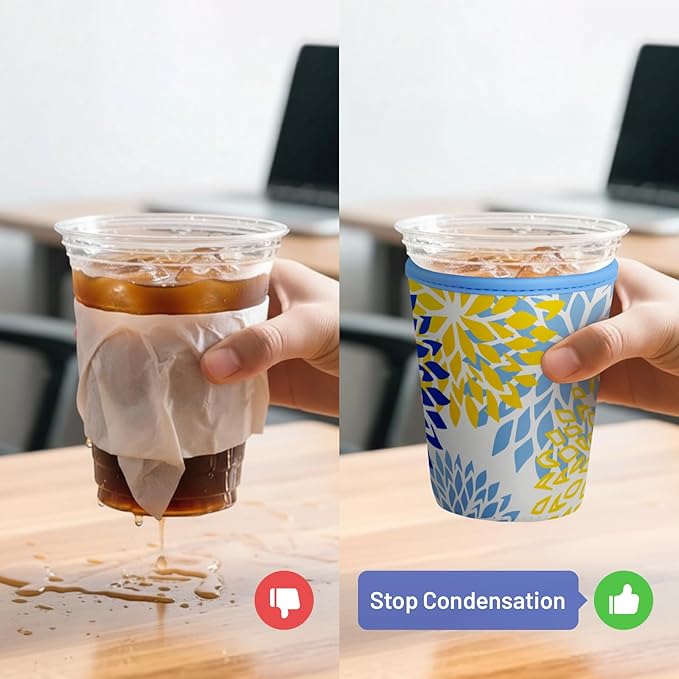 Iced Coffee Sleeve Reusable Cup Sleeves for Cold Drinks Neoprene Koozie Cozy Plastic Cup Covers for Drinks, Blue Yellow Flower