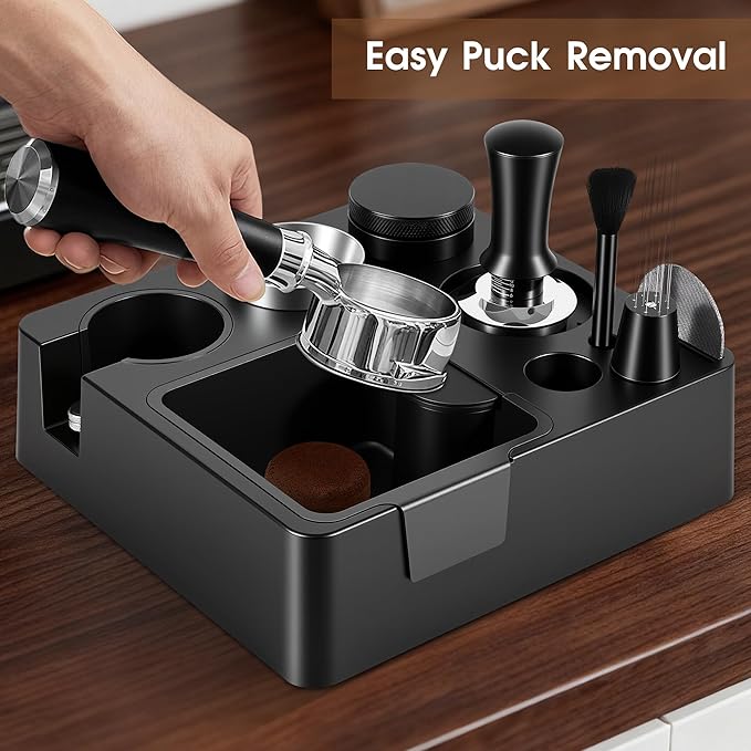51mm Espresso Accessories Kit, Espresso Knock Box and Tamping Station, Coffee Tamper, Distributor, WDT Distribution Tool, Dosing Funnel and Puck Screen Set Fits Delonghi 51 mm Portafilter