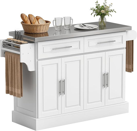 HOMCOM Rolling Kitchen Island Cart with 47" Stainless Steel Top, Portable Island Table for Kitchen with Wheels, Adjustable Shelves, 2 Drawers, Spice, Knife and Towel Rack, White