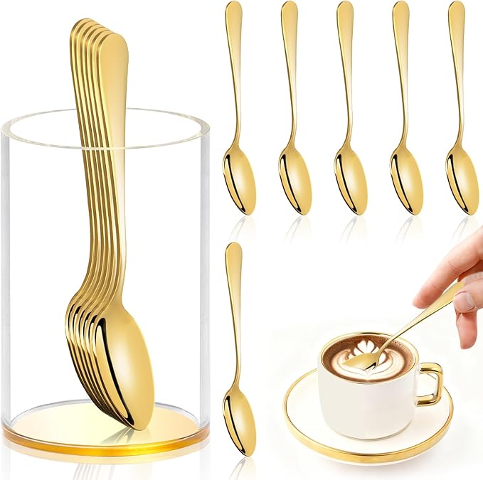 6 Pcs Gold Coffee Spoons with Holder Mini Coffee Spoons Gold 4.7 Inch Demitasse Espresso Spoons Tiny Dessert Spoons Small Tea Spoon Stainless Steel Acrylic Cylinder Holder for Coffee Bar Home Party