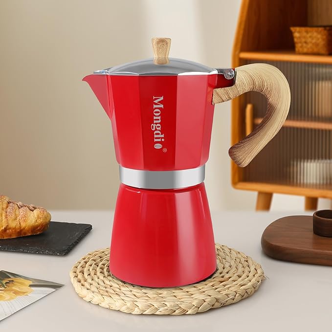 Mongdio Stovetop Espresso Maker Moka Pot, Cuban Coffee Maker Stove top coffee maker Moka Italian Espresso Greca Coffee Maker Brewer Percolator, 9 Espresso Cups, 15 oz - Red