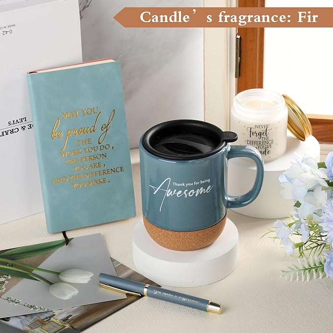 4 Pcs Thank You Gift Set for Men Women Coworker Employee Inspirational Appreciation Gifts Notebook Coffee Mug Scented Candle Pen for Valentine's Day Team Office Staff Teacher Nurse (Blue)