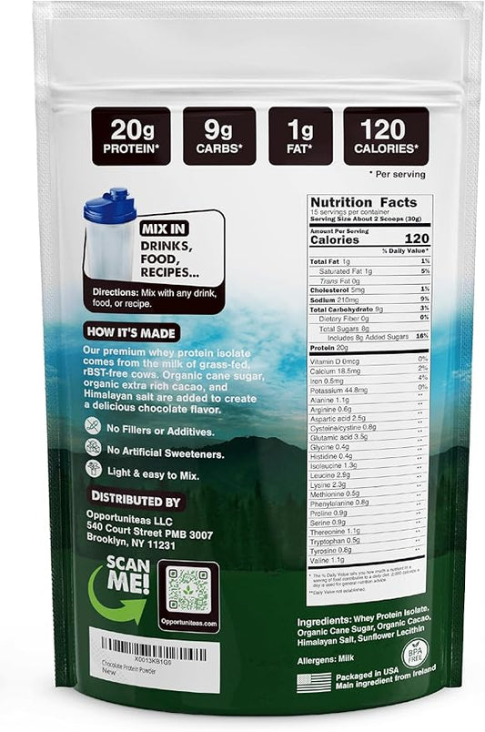 Opportuniteas Grass Fed Chocolate Whey Isolate Protein Powder – 20 g Protein, Heavy-Metal Tested, Made with Organic Cacao & Organic Cane Sugar, Non-GMO, Hormone-Free, Sourced from Ireland, 1 lb