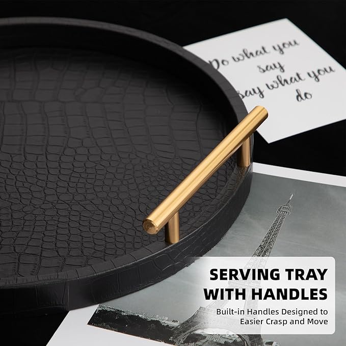 Decorative Serving Trays, Set of 2 Wood Modern Crocodile Leather Round Tray with Polished Metal Handles, Decorative Trays Coffee Table Tray Ottoman Platter for Home Decor (Black)