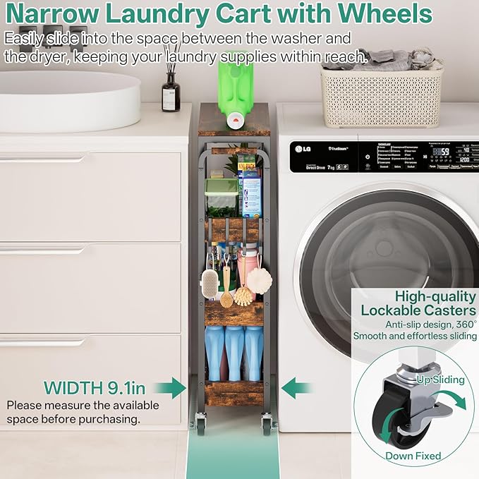 Slim Bathroom Storage Cart, 4 Tier Small Rolling Organizer Cabinet with Wood Top Handle, Mobile Shelving Unit Slide Out for Office, Kitchen, Laundry Room & Narrow Places (9.1" Overall Width)
