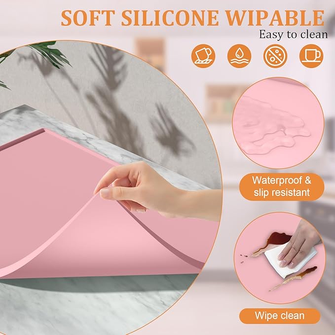 Silicone Coffee Mat Set - Includes Removable Drying Pad, Raised Edges for Non-Leak and Non-Slip, Suitable for Kitchen Coffee Machines and Countertop Protection, Bar Decor Pad (Pink, 24" x 16")