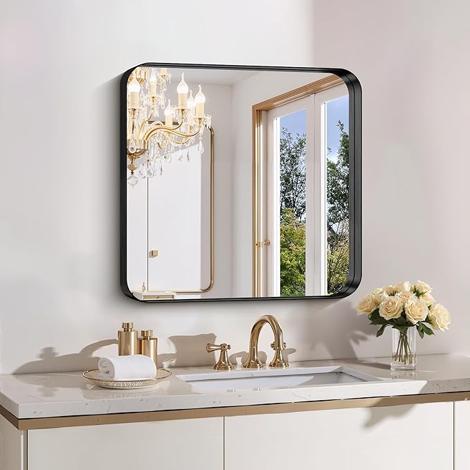 FORBATH 24x24 Inch Bathroom Mirror for Wall, Black Metal Framed Vanity Mirrors for Over Sink,Rounded-Corner Rectangle Mirror for Bedroom Living Room Kitchen Entryway Hallway, Anti-Rust