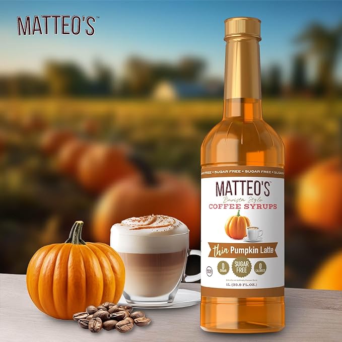 Matteo's Pumpkin Latte Syrup for Coffee, Lattes, Cappuccinos & Desserts – Sugar-Free Sweetener for Beverages, Keto Friendly, Zero Calories, Indulgent Flavor, Non-Alcoholic, 33.8oz (6pk)