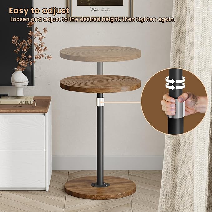Round Side Table Set of 2, Adjustable-Height Small Drink Table, Pedestal Martini Stand, Weighted Base Cocktail Table Accent Nightstand for Living Room, Bedroom, Bathroom, Office, Walnut