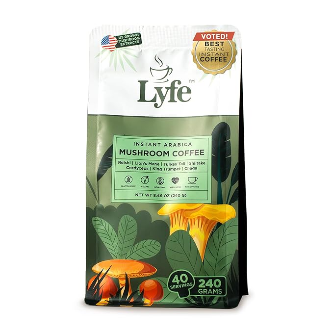 LYFE Organic Instant Mushroom Coffee, 40 Servings – Lion’s Mane, Chaga, Cordyceps & Turkey Tail | USA Grown Adaptogenic Blend for Energy, Focus & Wellness - Natural Superfood Coffee for Daily Vitality