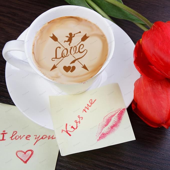 Valentines Day Cake Stencils Kit Reusable Cookie Coffee Stencil Drawing Template for Dessert Buttercream Painting Envelopes DIY Crafts Wall Floor Decor (9 Pcs Love)