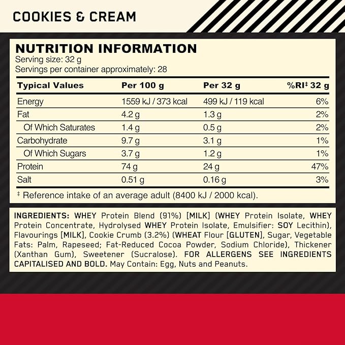Optimum Nutrition Gold Standard 100% Whey Protein Powder, Cookies & Cream, 2 Pound (Packaging May Vary)