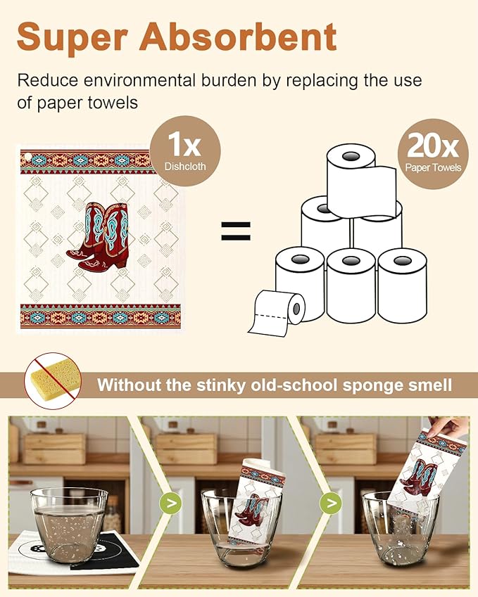 Kitchen Swedish Dishcloths with Hooks - 6 Pack Reusable Dish Cloths for Washing Dishes Fast Drying Cute Fun Swedish Dish Towels Washable Cleaning Sponge, Brown Cowboy