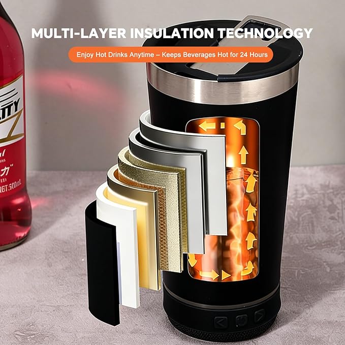 Black Tumbler with Bluetooth Speaker, Insulated Stainless Steel Travel Cup with Lid,MusicTumbler Cup with Speaker,Stainless Steel Speaker Tumbler for Gym, Office