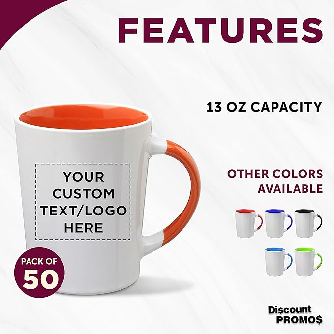 Custom Ceramic Latte Coffee Mugs by Albany 13 oz. Set of 50, Personalized Bulk Pack - Perfect for Coffee, Tea, Espresso, Hot Cocoa, Other Beverages - Orange