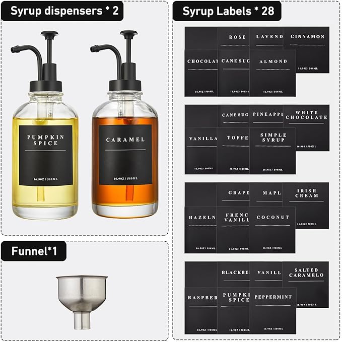 Coffee Syrup Dispenser for Coffee Bar, Coffee Syrup Pump Dispenser, Glass Syrup Bottle with Black Upgraded Pump, 2 Pack 16.9 oz 500 ml Syrup Dispensers, 28 Labels and Bamboo Tray