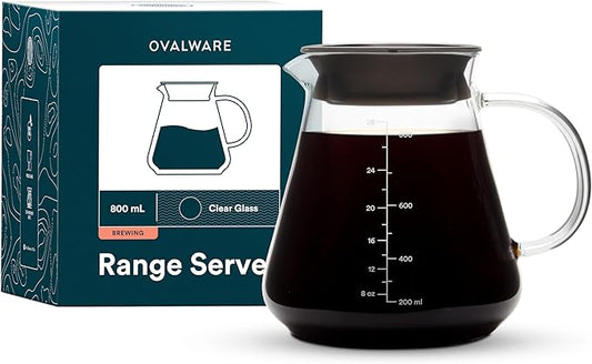 Glass Range Coffee Server For Pour Over Coffee & Tea - 800ml/27oz Ovalware Microwave Safe & Heatproof 2.5mm Thick Glass Body