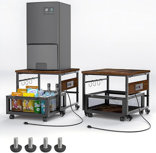 Mini Fridge Stand with Storage and Wheels, Heavy Duty Mini Fridge Table with Power Outlets for 220LBS Refrigerator, Rolling Fridge Cart with Large Capacity Drawer for Dorm,Office,Bedroom (Retro Brown)