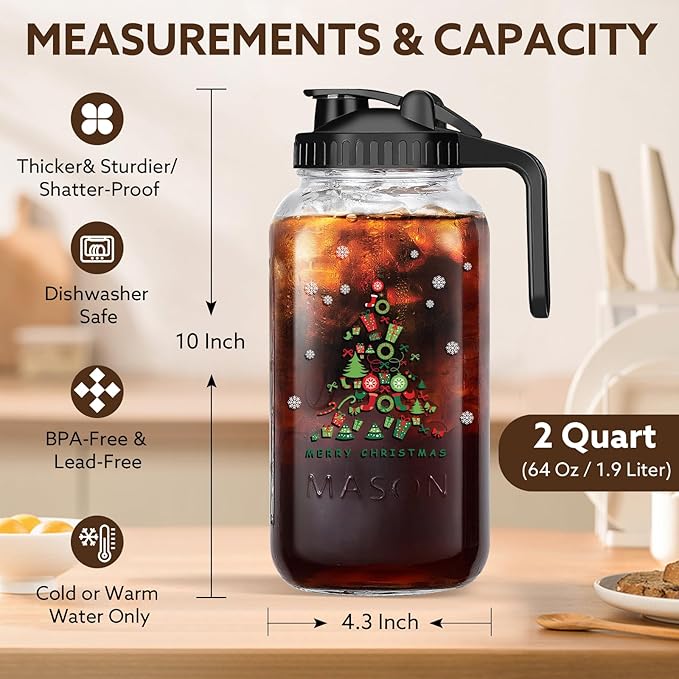 Christmas Gift for Mom,Mason Jar Pitcher, 64 oz Glass Milk Pitcher, Wide Mouth & Leakproof Glass Pitcher with Lid for milk, Sun Tea, Juice, Cold Brew Coffee and Drinks(Christmas tree）