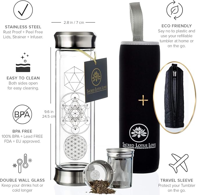 Sacred Lotus Love Double-Walled Glass Tea Infuser Bottle 14oz Portable Travel Mug with Strainer and Sleeve for Loose Leaf Tea, Coffee, Smoothies - Insulated Tumbler with Lid for Hot and Iced Beverages