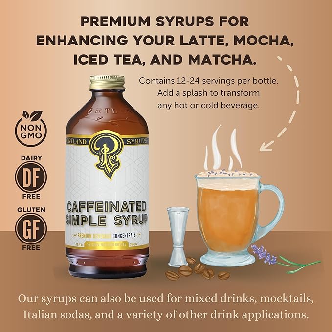 Portland Syrups - Caffeinated Simple Syrup - Premium Beverage Concentrate for a Boost of Clean Energy - Add to Soda, Cocktails, Tea, Coffee Drinks, and More - 12 oz with 24 Servings (Pack of 2)