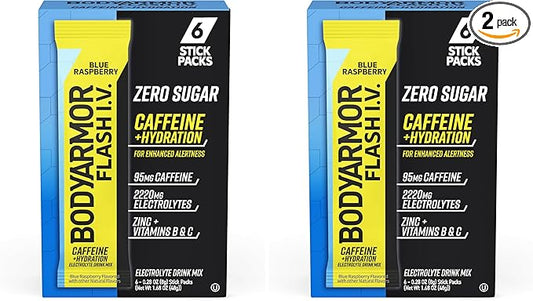 BODYARMOR Caffeinated Flash I.V. Electrolyte Packets Blue Raspberry - Zero Sugar Energy Drink Mix, Serve Packs, Hydration for Pre Workout, Travel Essentials, Active Lifestyle, 6 Count (Pack of 2)