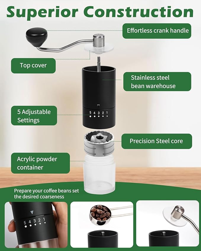Stainless steel Burr Manual Coffee Grinder for Drip French Press,5 Adjustable Settings,Hand Coffee Grinder,For Home Use and Camping,Coffee Bean Grinders With Hand Crank (Stainless steel Burr-Black)